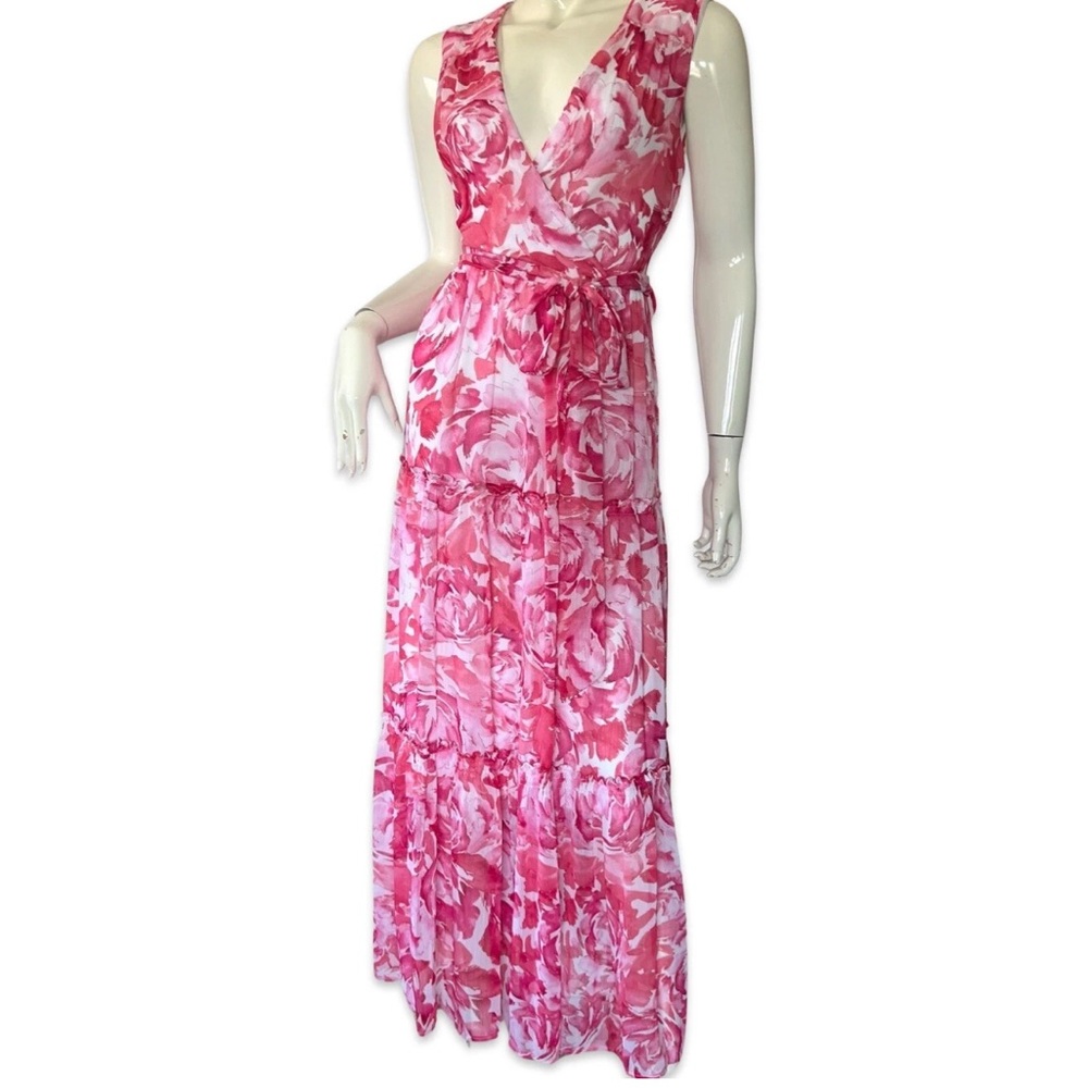 Calvin Klein Pink Floral Tiered Maxi Ruffle Dress w/belt Size 12 - Picture 2 of 10